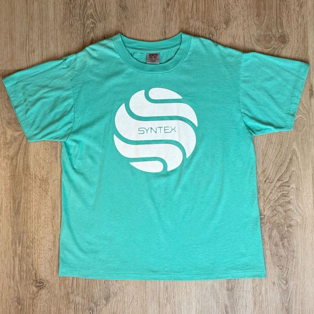 Oneita Graphic T-Shirt Syntex Logo Green XL USA Made Single Stitch 50/50 Blend
